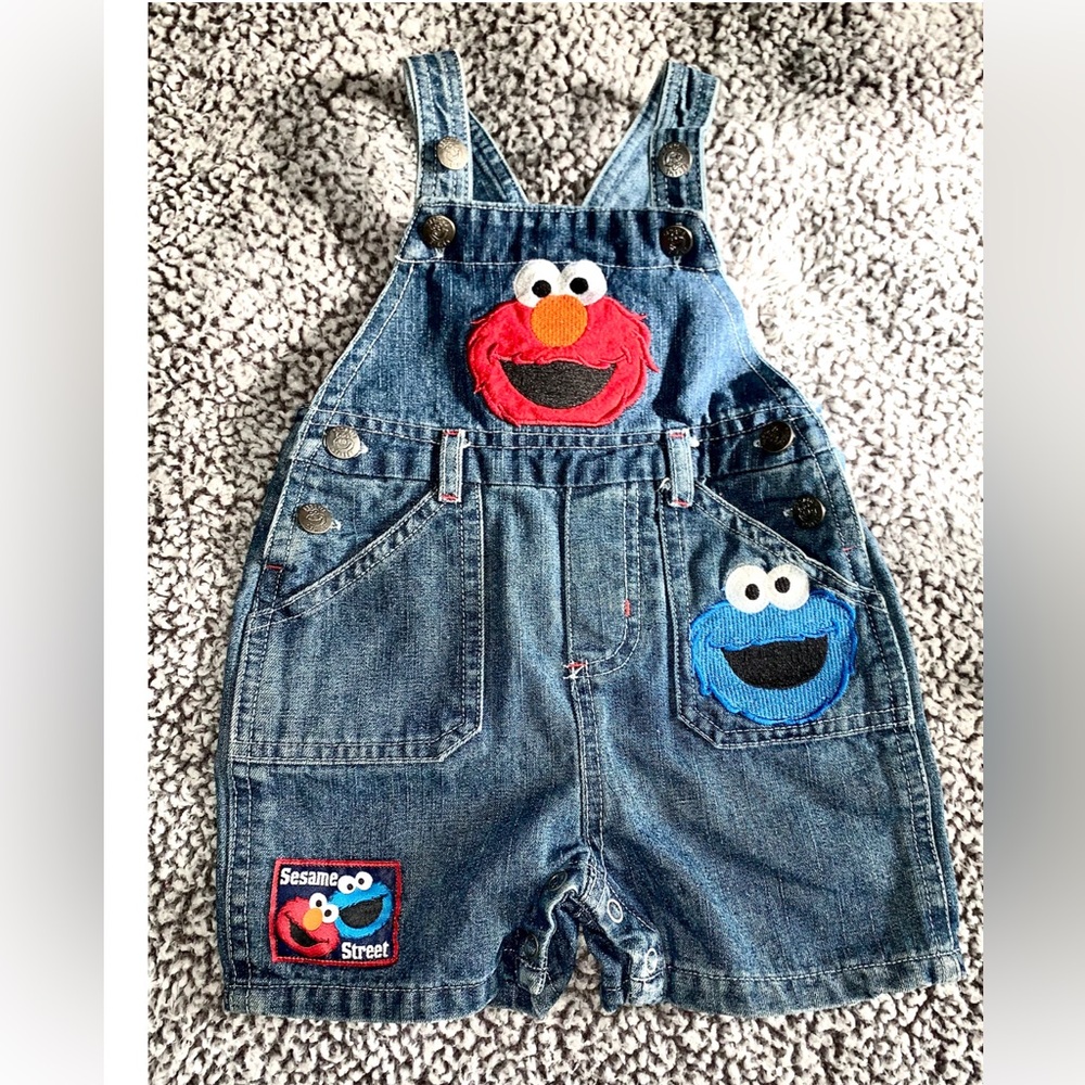 Vintage Y2K Sesame Street Denim Short Overalls Elmo and Cookie Monster 6-9 mos